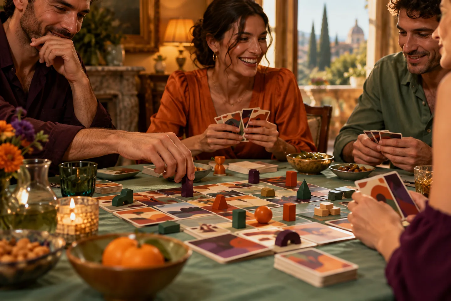 Pedine colorate e carte astratte su una tovaglia verde